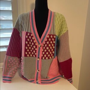 easel Multicolor Patchwork Cable Knit Cardigan in Gray, Pink, Lime, Burgundy